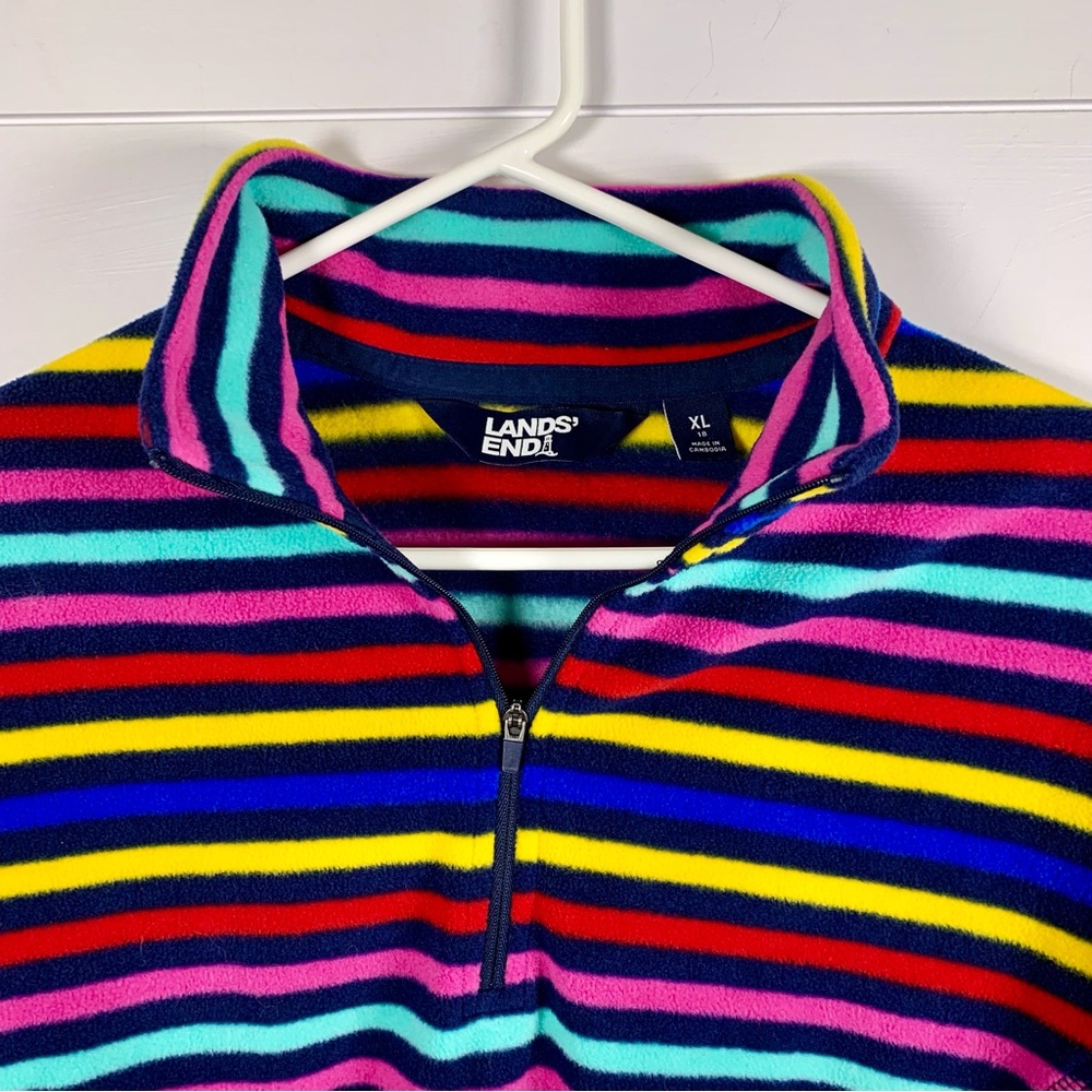 Lands End‎ Fleece Jacket Striped Women XL (18) 1/4 Zip Colorful Rainbow Soft